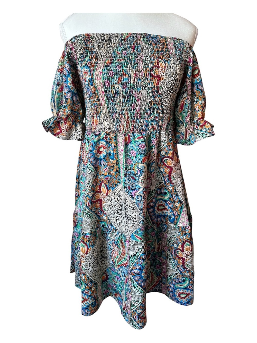 Bohemian Paisley Puff Sleeve Multi-Colour Summer Smocked Mini Dress - L